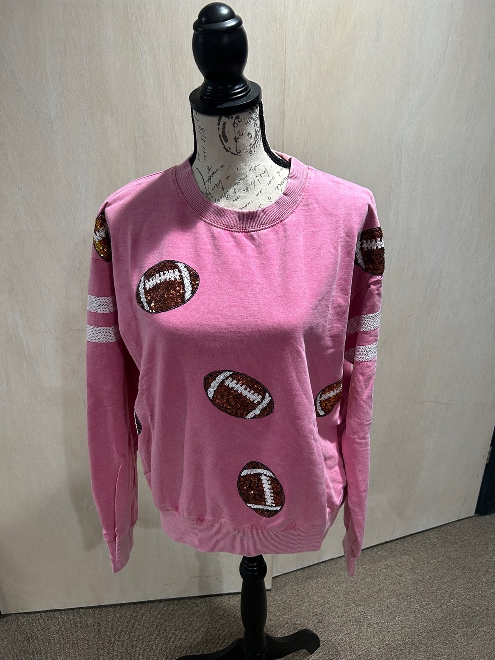 White Birch Super Soft Pink Sequin Football Crewneck Sweatshirt